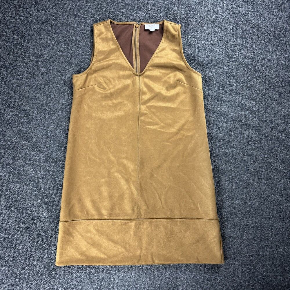 LOFT Petites Faux Suede V-Neck Shift Dress Cognac Brown 0P Sleeveless A-Line